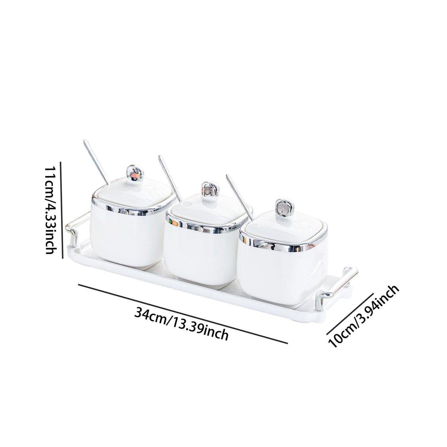 Bothyi Ceramic Condiment Jar Set with Spoon and Iron Tray, 3-Jar Spice Container for Salt Sugar Pepper, Countertop Kitchen Storage