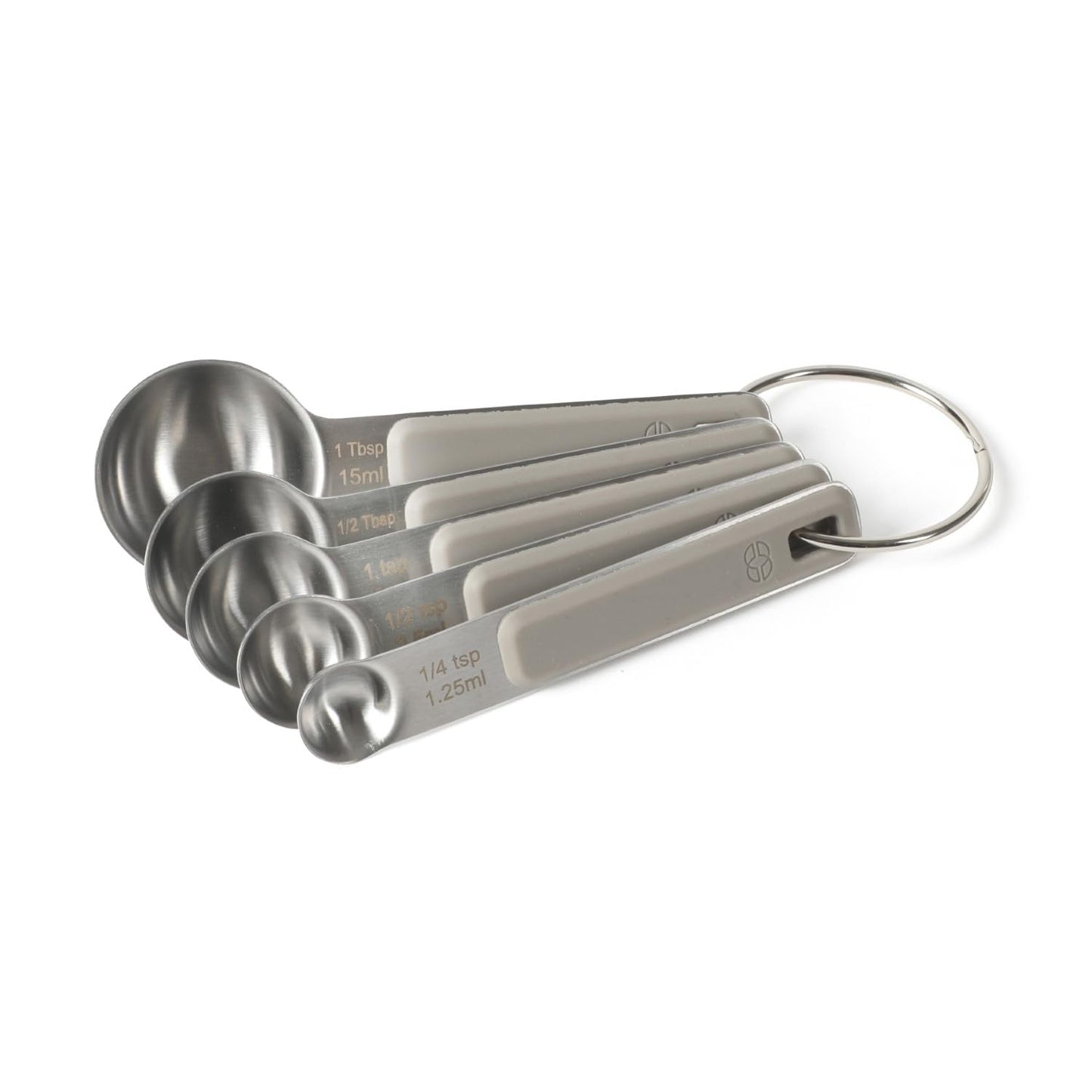 Calphalon Prime Measuring Spoons, 5-Piece Stainless Steel Measuring Spoon Set with Taupe Silicone Handles, Accurate Kitchen Measuring Tools for Spices, Baking & Small Portions