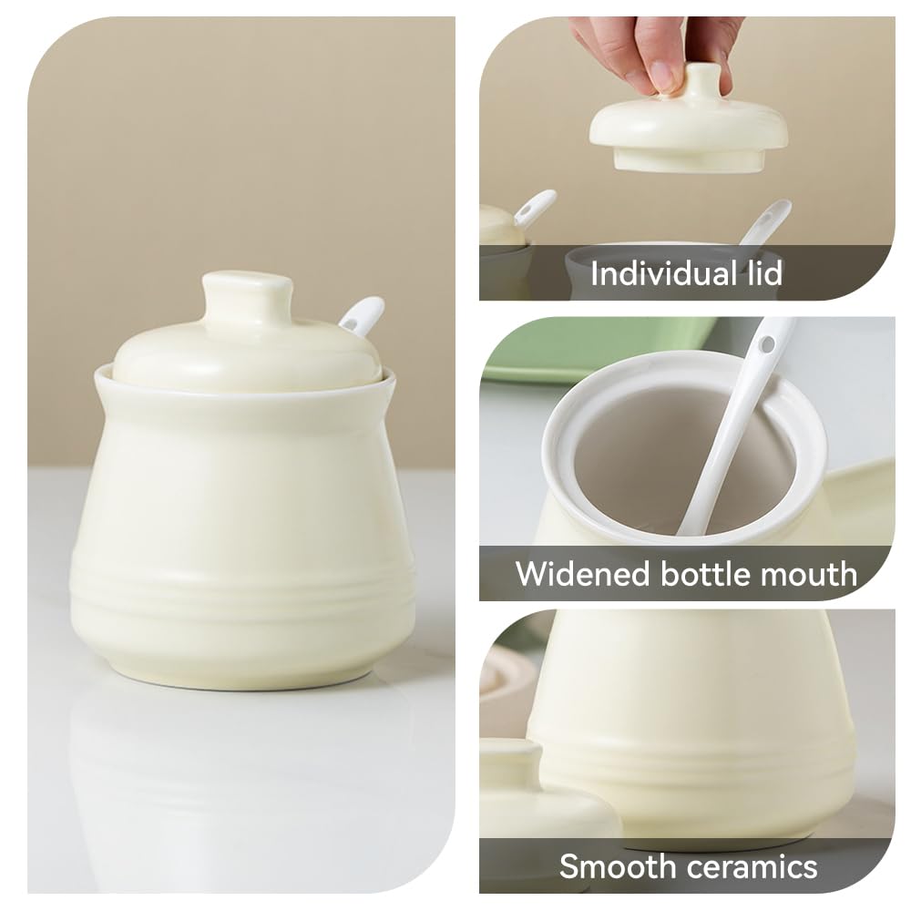 YMYL 2 Pcs Ceramic Sugar Bowls with Lid and Spoon, Farmhouse Seasoning Storage Jar Salt Container for Sugar, Pepper, Coffee, Spice, Salt (Apple Green)