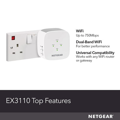 NETGEAR WiFi Extender Booster EX3110 | Dual Band Wifi Extender | Internet Booster | Works with any Wifi Router | Easy Setup UK Plug