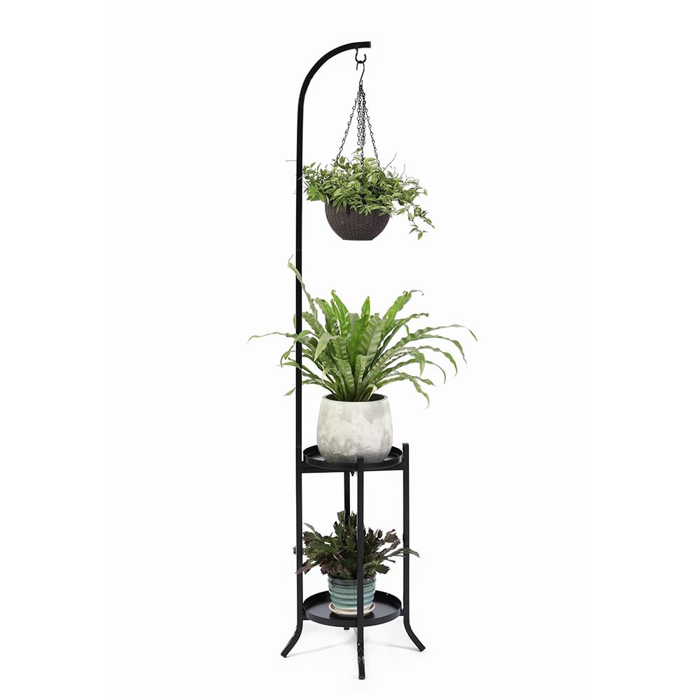 2 Tier Plant Stand Metal Plant Shelf Indoor Outdoor, Tall Corner Hanging Plant Shelf Metal Flower Stands Ladder, Heavy Duty Tall Flower Shelf Large Planter Holder for Living Room Garden Balcony Patio, Hanging Plant Holder, Standing Shelf