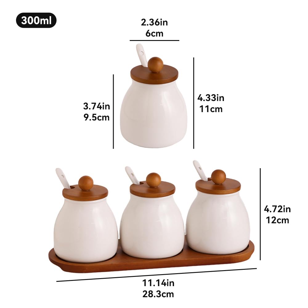 ANQIA Porcelain Condiment Jar Set Spice Jars with Wooden Lids and Tray Ceramic Spice Container with Spoons for Sugar, Salt,Tea, Spices, Coffee (Set of 3)