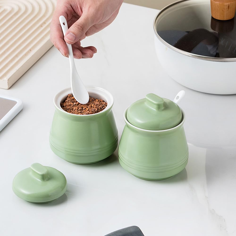 YMYL 2 Pcs Ceramic Sugar Bowls with Lid and Spoon, Farmhouse Seasoning Storage Jar Salt Container for Sugar, Pepper, Coffee, Spice, Salt (Apple Green)