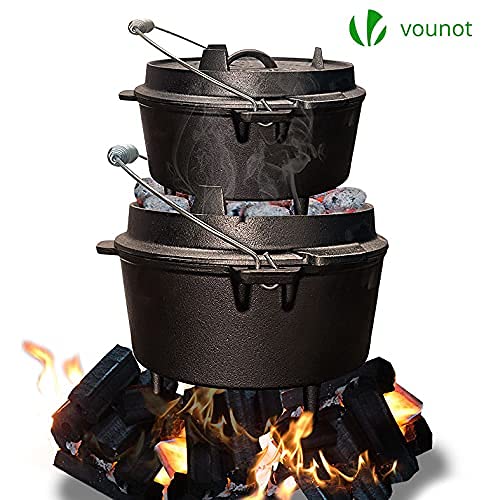 VOUNOT Dutch Oven 9 Liters, Pre-Seasoned Cast Iron Pot with Carry Bag, Feet, Lid Lifter, Spiral Handle and Slot for Thermometer, for Camping, Cooking Baking