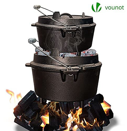 VOUNOT Dutch Oven 9 Liters, Pre-Seasoned Cast Iron Pot with Carry Bag, Feet, Lid Lifter, Spiral Handle and Slot for Thermometer, for Camping, Cooking Baking