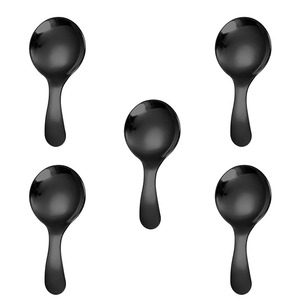 5PCS Short Handle Spoon, Stainless Steel Mini Spoons Thickened Small Round Spoon For Salt Condiments Dessert Tea Coffee (Black)