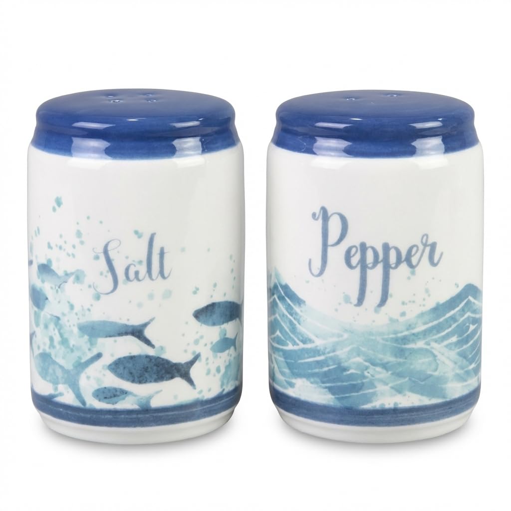 Beachy Blue Fish & Ocean Waves Ceramic Salt & Pepper Shakers