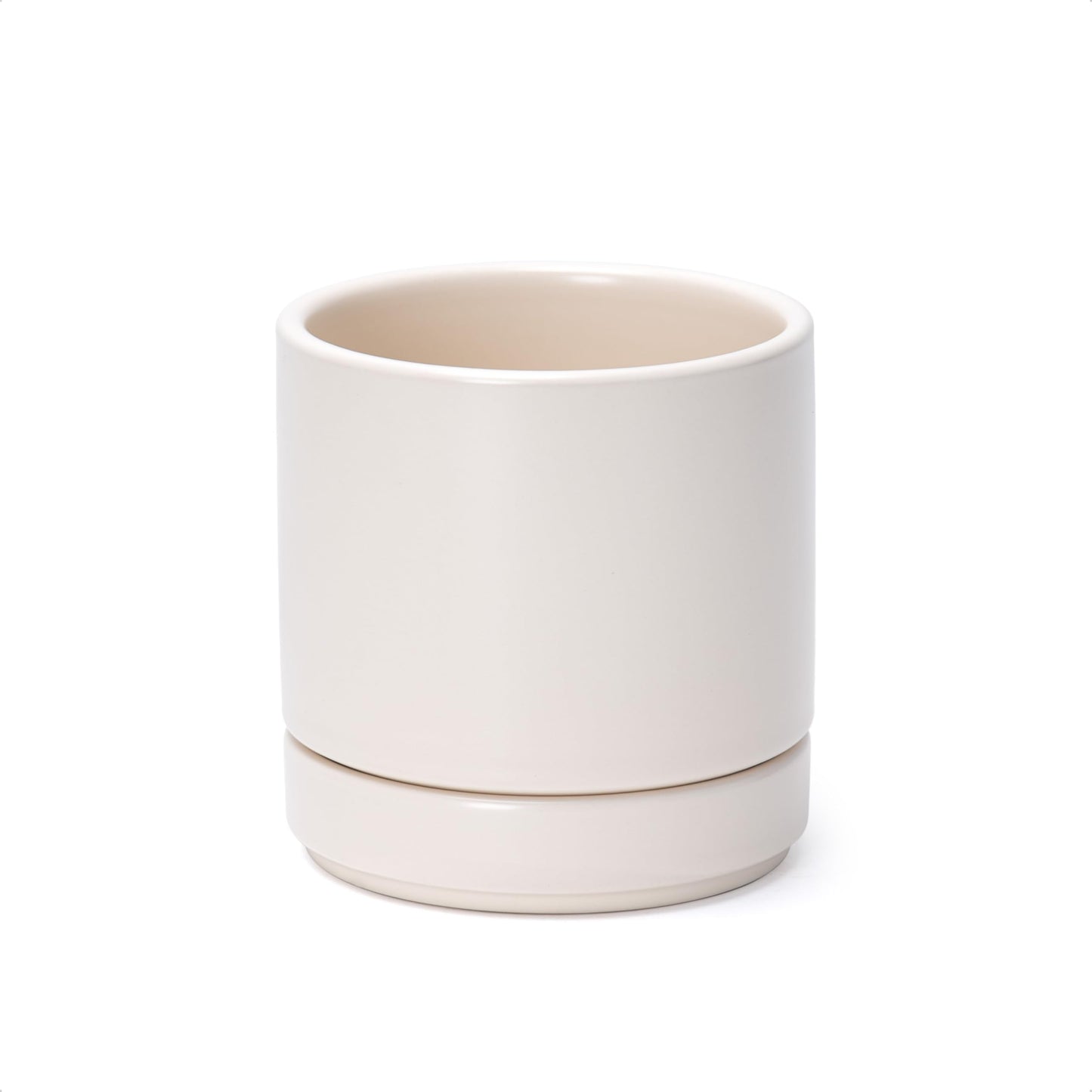 D'vine Dev 4.7 Inch Ceramic Planter Pot with Drainage Hole and Saucer, Indoor Cylinder Round Planter Pot, Oatmeal, 94-O-B-8