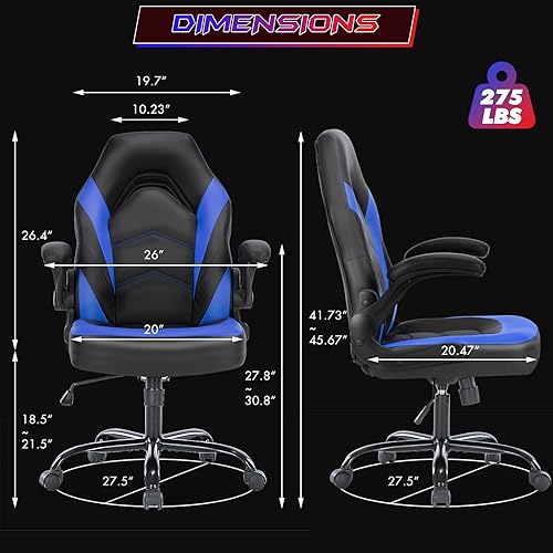 Sweetcrispy Computer Gaming Desk Chair - Ergonomic Office Executive Adjustable Swivel Task PU Leather Racing Chair with Flip-up Armrest for Adults, Kids, Men, Girls, Gamer, Black Blue