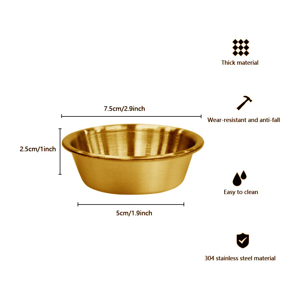 10Pack 2.3OZ Stainless Steel Sauce Dish, Seasoning Dishes, Premium Sushi Dipping Bowl Saucers, Metal Ramekins, Mini Appetizer Plates, Individual Condiment Sauce Cups (Gold)