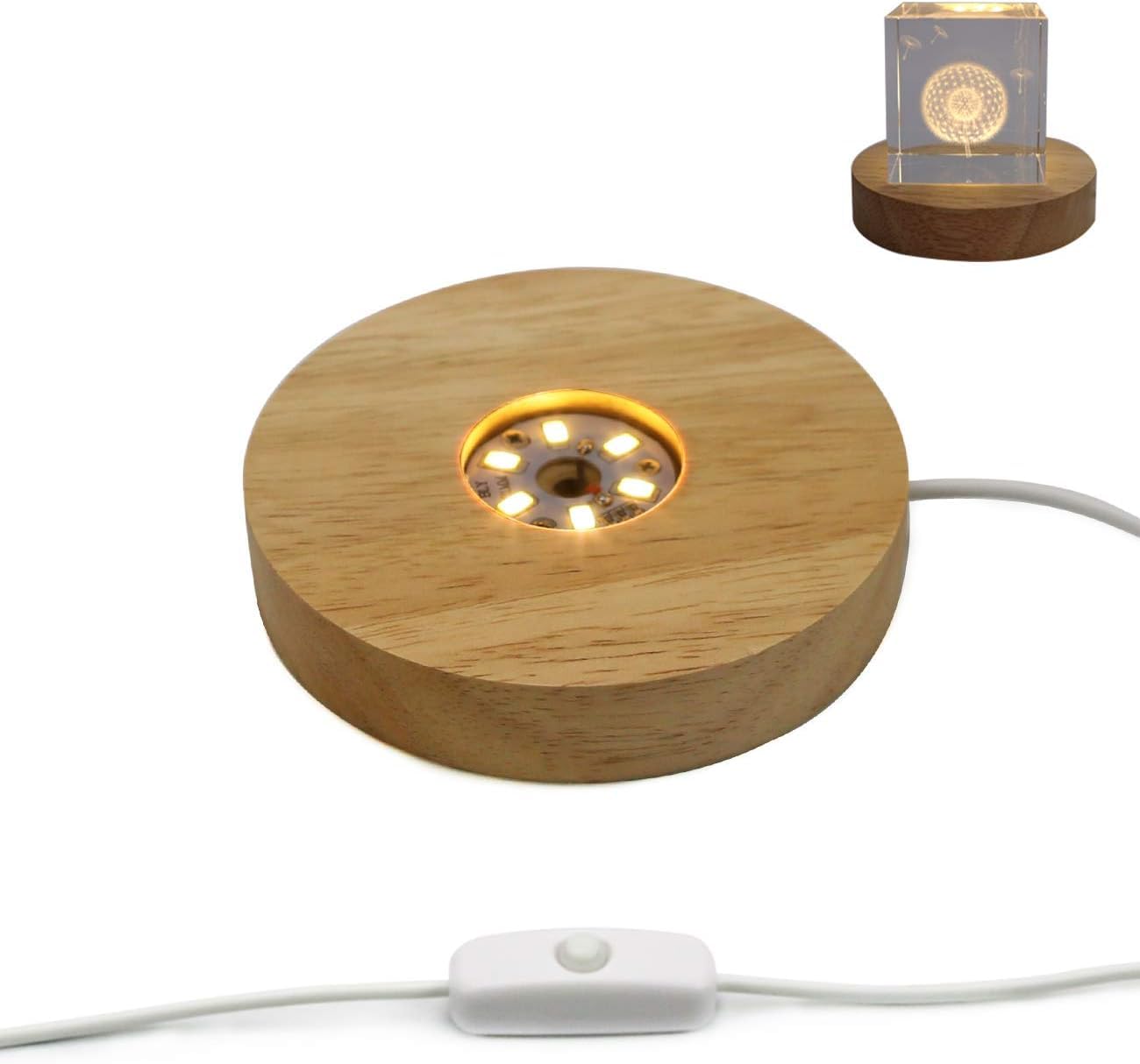 Mintso Wood Led Light Display Base for Glass Crystal Art/Paperweights,4 Inch,Bright Warm Light