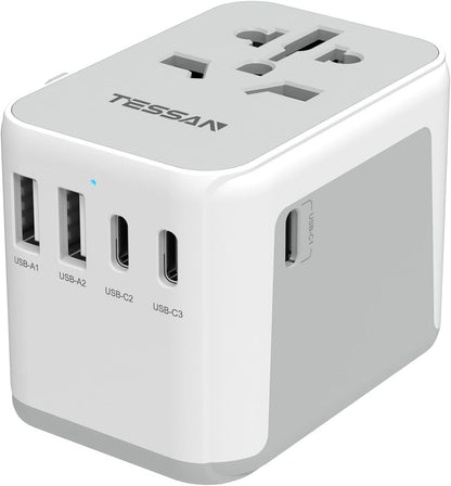 TESSAN Universal Travel Adapter 28W, Worldwide Plug Adaptor with 2 USB A and 3 USB C Ports, International Travel Adapter for EU, UK, USA, AU, Power Socket Charger for Multi Countries, Grey White