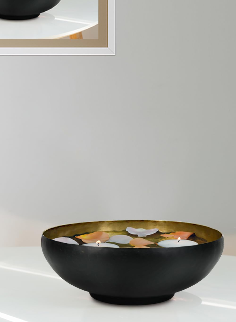 Serene Spaces Living Dual-Tone Black & Gold Aluminum Bowl with Brass Look, Elegant Décor for Fruit Display, Centerpiece, Modern Accent for Home & Events