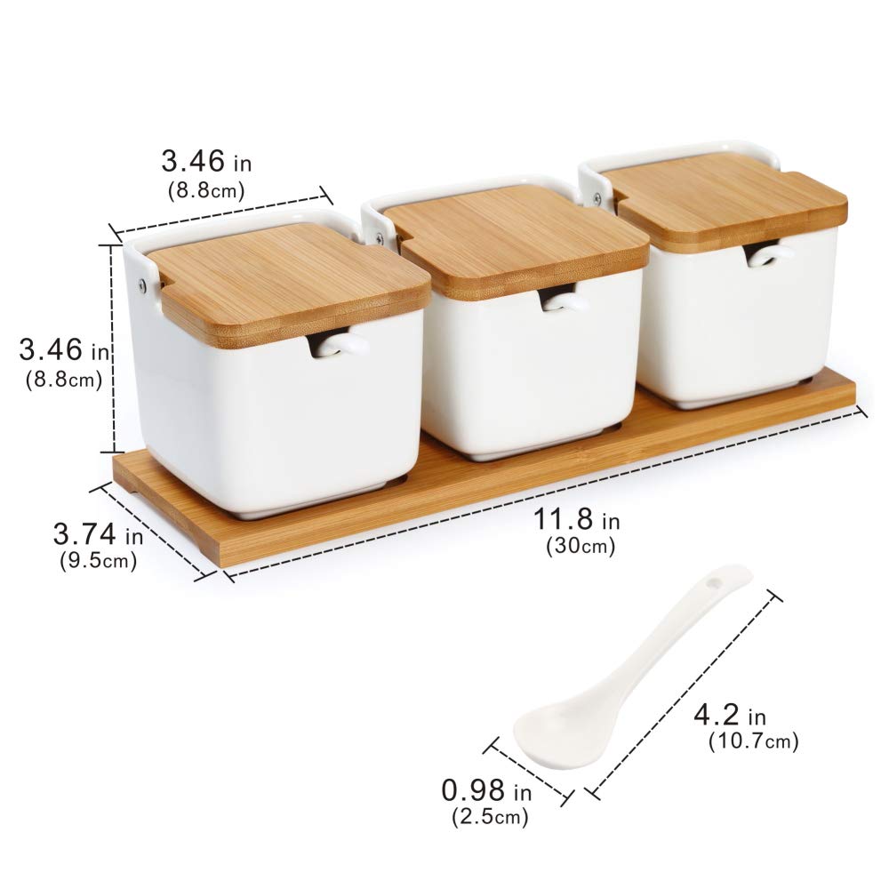 Lucky Goddness Set of 3 Porcelain Sugar Bowl, 8.8 fl oz Condiment Pots with Spoons Bamboo Flip Lids Labels, Spice Salt Tray Serving for Home Kitchen