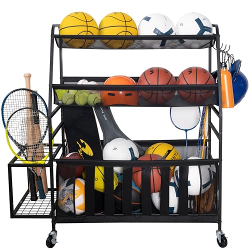 STORAGE MANIAC Ball Storage Bin Rolling Sports Ball Cart, Metal Garage Organizer Sport Rack, Ball Basket Storage, Ball Cage for Garage or Gym, Indoor & Outdoor Sports Equipment Organizer Extra Large