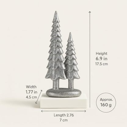 iStatue Sparkle Pine Trees, 7" Resin Tabletop Figurine Double Glitter Trees on One Base Indoor Christmas Decoration, Modern Mantel/Bookshelf Décor (Silver)