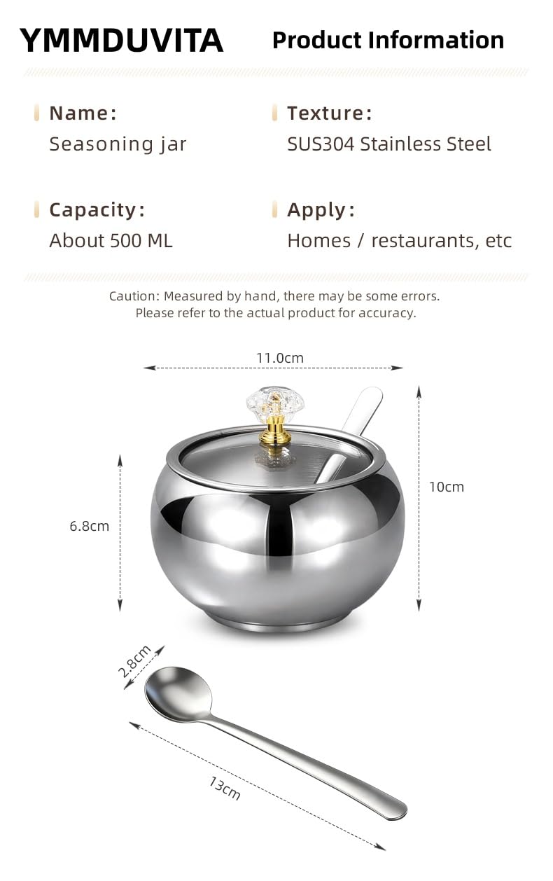 YMMDUVITA Stainless Steel Sugar Bowl with Lid & 2 Spoons, 500ml Container for Kitchen, Ideal for Storing Sugar, Coffee, and Spices