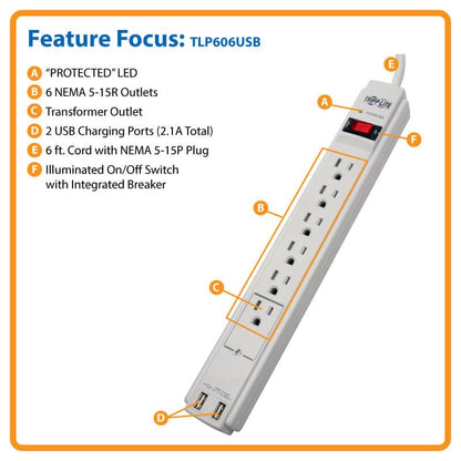Eaton Tripp Lite series 6 Outlet Surge Protector Power Strip, 6ft Extension Cord, 900 Joules, 15A Circuit Breaker, UL Certified, Black (TLP606B)