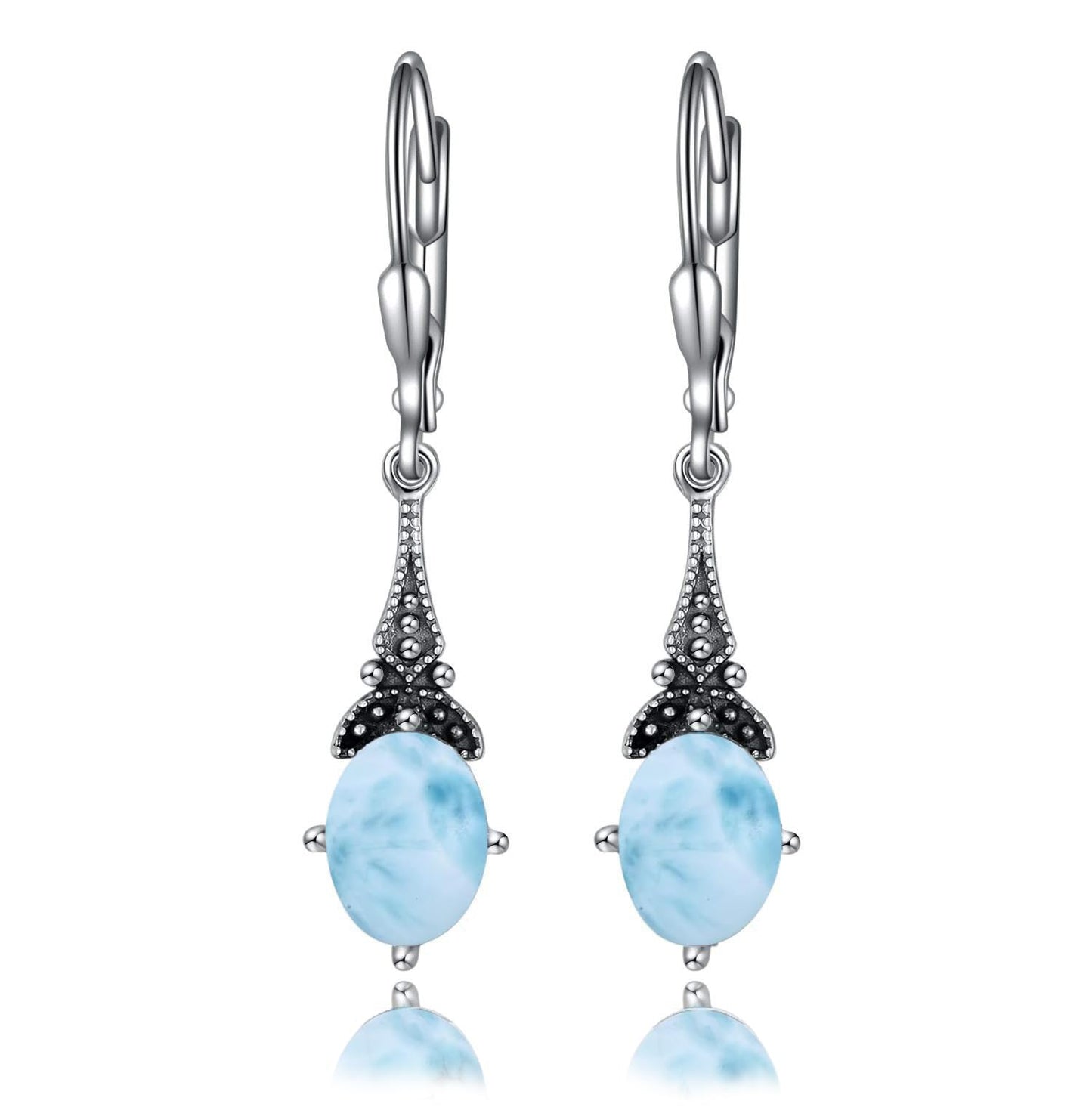 Larimar Blue Earrings 925 Sterling Silver Vintage Leverback Drop Dangle Earrings, Christmas Birthday Jewelry Earrings Gifts for Women