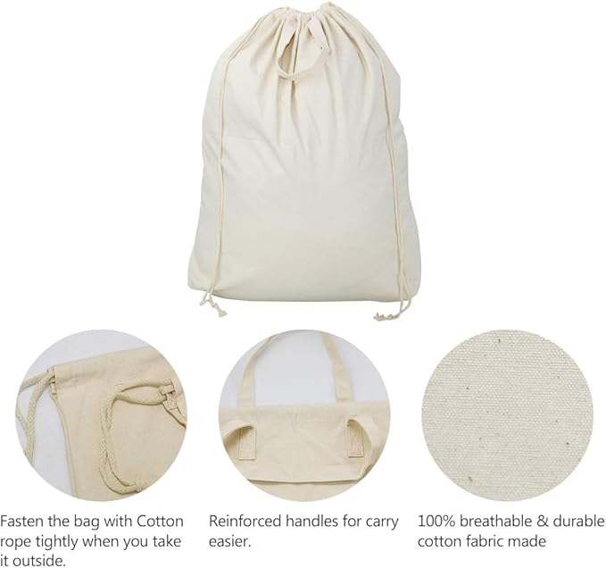 3pcs Breathable Cotton Canvas Laundry Drawstring Bags