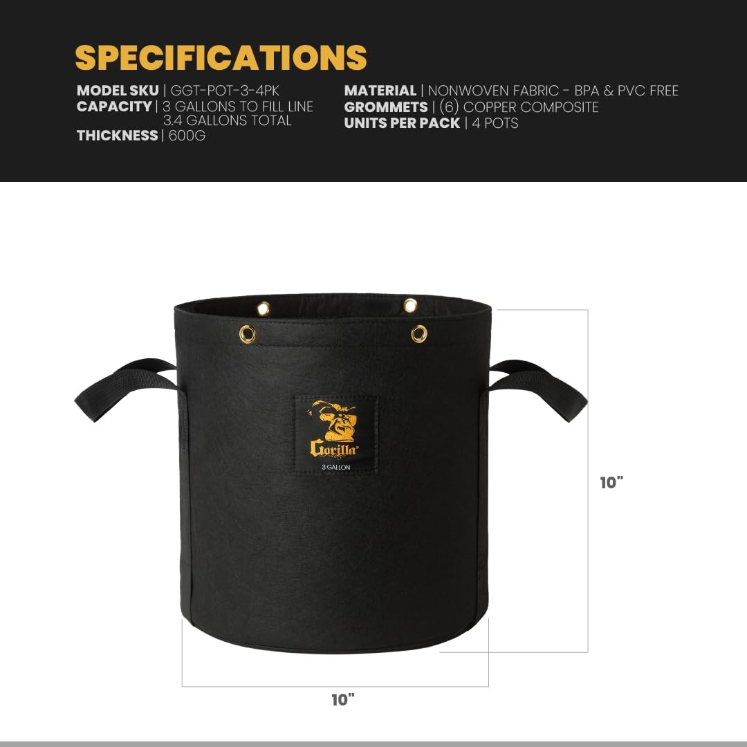 Gorilla 3 Gallon Grow Bags with Reinforced Handles – Thickest 600g, Breathable, BPA-Free Fabric Pot for Garden or Outdoor Planter Use, Promotes Root Health & Drainage – 4-Pack