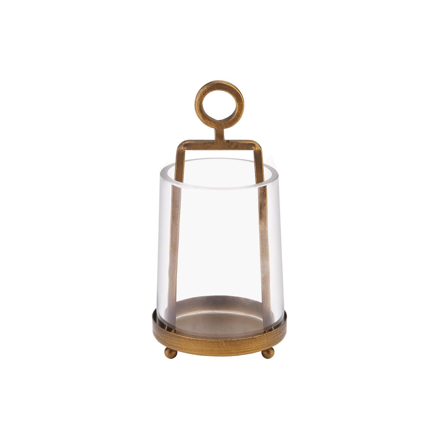 Twakutwaku 3.3" Wide Modern Farmhouse Metal Hurricane Candle Holder with Handmade Sturdy Glass Sleeve in Antique Brass for Pillar Candle & Plants, Glass Hurricane Lantern, Industrial, Minimalistic