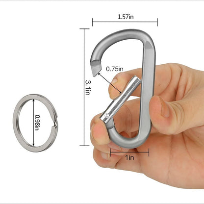 CampTek 6PCS Carabiner Caribeaner Clip,3" Large Aluminum D Ring Shape Carabeaner with 6PCS Keyring Keychain Hook (Black + Grey)