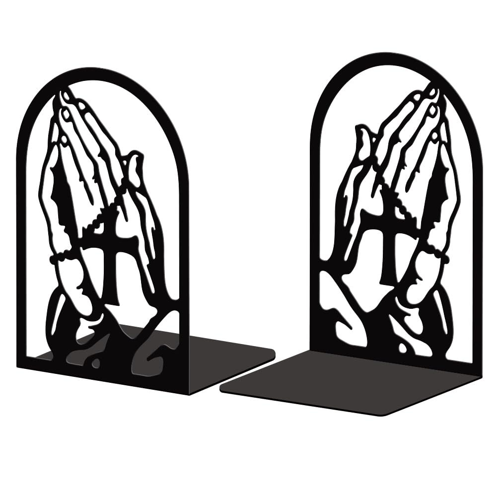Peacoblue Metal Bookends for Shelves, Modern Decorative Heavy Duty Study Book Support Stoppers for Office, Desk, Shelf, Room 5.3"x4.3"x7.8" Cast Iron Tall Bookends, 1 Pair (Praying Hands and Cross)
