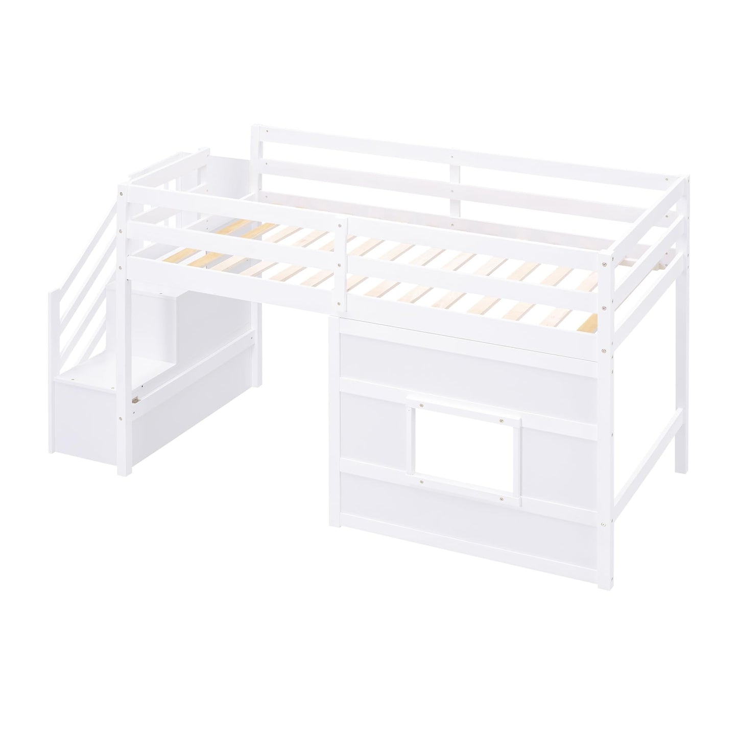 Harper & Bright Designs Twin Low Loft Bed with Staircase and LED for Kids,Wood House Loft Bed Frame with Window and Guardrails,White