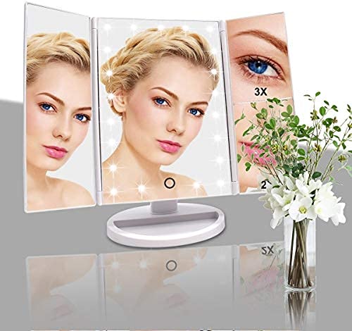 WEILY Makeup Mirror, 1x /2x/3x Trifold Makeup Mirror with 21 LED Lights and Adjustable Touch Screen Mirrors Cosmetic Countertop Mirrors (White)