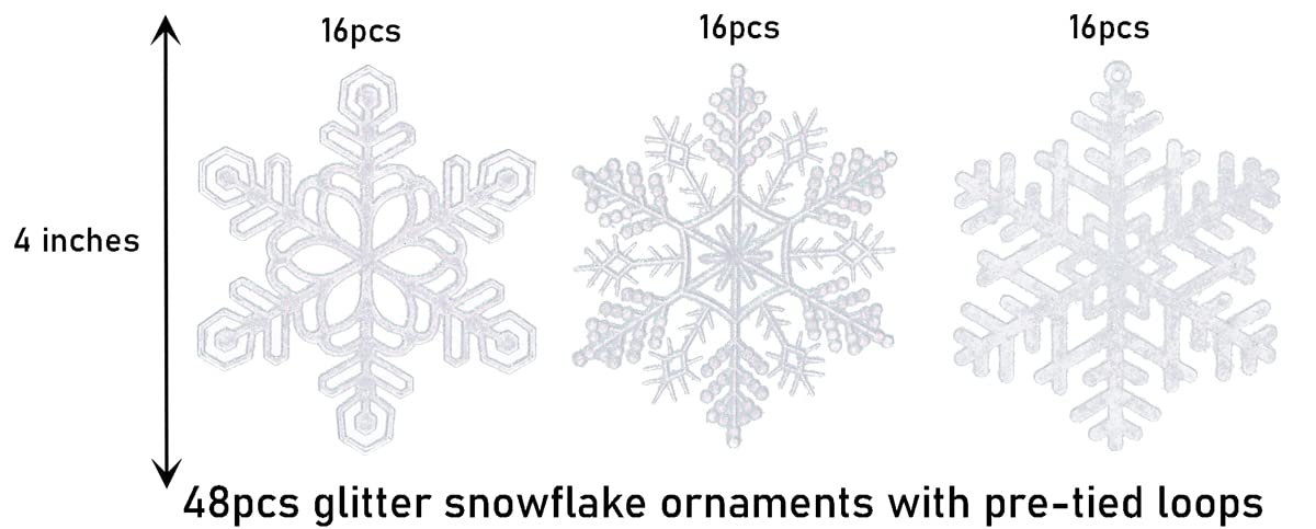 48pcs 4 Inch Pre-Strung White Snowflake Ornaments for Christmas Tree Decorations, Hanging Plastic Glitter Snowflake Christmas Ornaments Bulk in Iridescent White