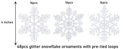 48pcs 4 Inch Pre-Strung White Snowflake Ornaments for Christmas Tree Decorations, Hanging Plastic Glitter Snowflake Christmas Ornaments Bulk in Iridescent White