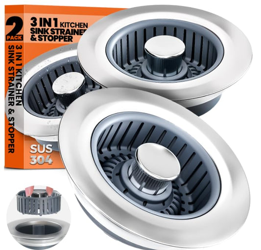 2 Pack 3 in 1 Kitchen Sink Drain Strainer & Sink Stopper, Upgraded Stainless Steel Drain Plug Combo with Anti-Clog Basket, Pop Up Drain Cover for Standard 3-1/2'',Garbage Disposal Parts