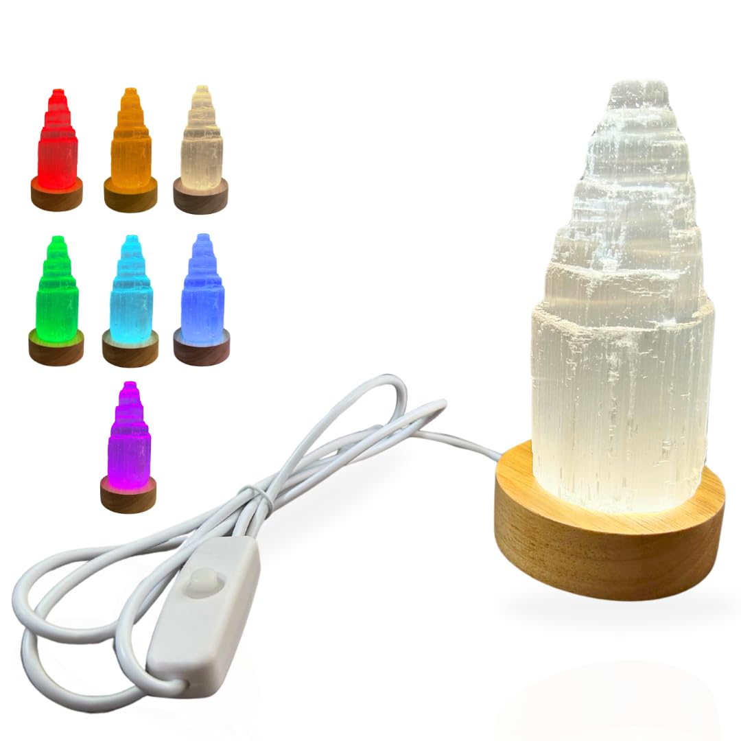 Small 4" Selenite Carved Moroccan Crystal Tower Skyscraper & USB Rainbow Multi-Color Changing LED Wooden Base Charge Crystals, Gems, Jewelry. Cleanse Unwanted Energy, Reiki Practitioner Energy Infused