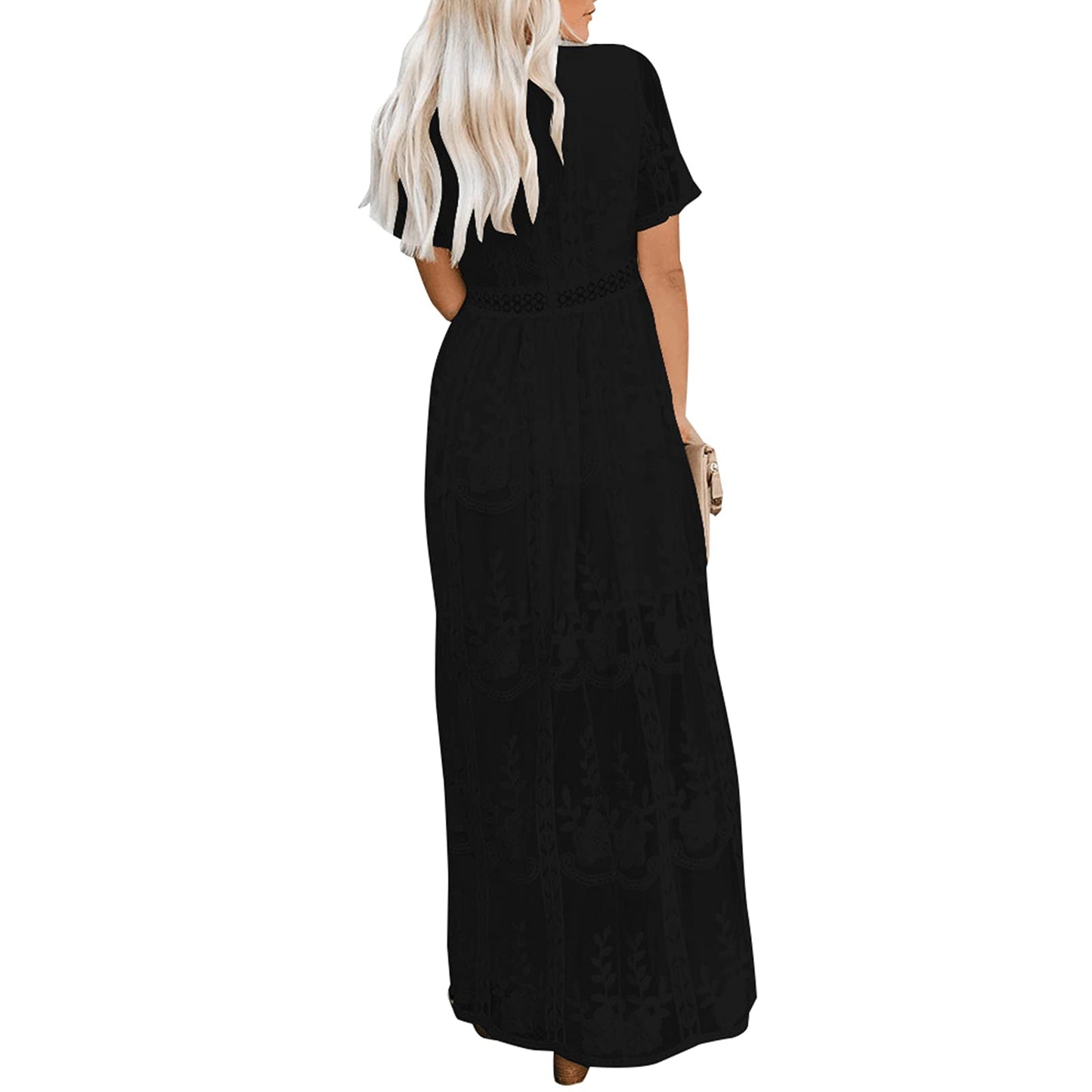 Womens Deep V Neck Short Sleeve Floral Lace Dress Long Bridesmaid Maxi Dresses