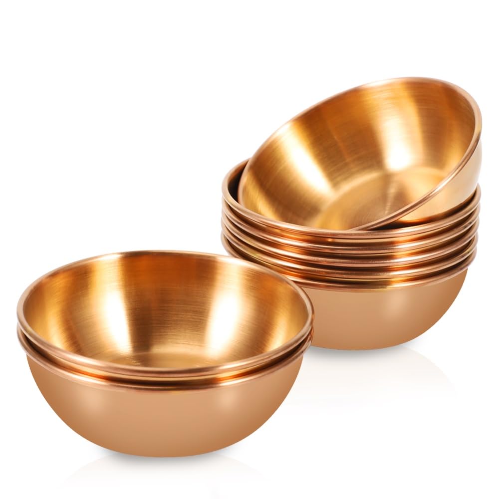 Amytalk 8 Pack 3.2inch Stainless Steel Sauce Dishes Mini Individual Saucers Bowl Round Seasoning Dishes Sushi Dipping Bowl Appetizer Plates, Champagne Gold