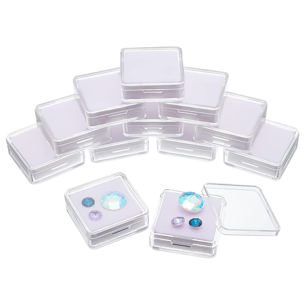 NBEADS 12 Pcs Gemstone Display Box, 1.6x1.6x0.6 Transparent Polystyrene Square Jewelry Display Container Diamond Storage Box with Clear Top Lids and White Sponge for Bare Stone Diamond