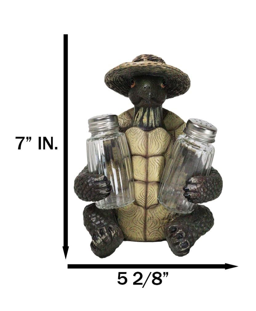 Ebros Slow Seasons Outdoors Camping Turtle With Wicker Hat Salt And Pepper Shakers Holder Figurine 7"H Turtles Tortoise Tortoises Themed Decor Animal Reptile Ocean Nautical Sea River Animal Sculpture