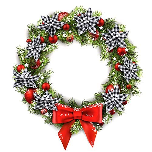 Syhood 12 Pieces Buffalo Plaid Poinsettias Christmas Tree Ornaments Artificial Christmas Flowers with Glitter Powder for Christmas Tree Wreaths Garland Holiday Decorations 6.7 Inch (Black and White)