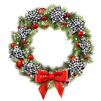 Syhood 12 Pieces Buffalo Plaid Poinsettias Christmas Tree Ornaments Artificial Christmas Flowers with Glitter Powder for Christmas Tree Wreaths Garland Holiday Decorations 6.7 Inch (Black and White)