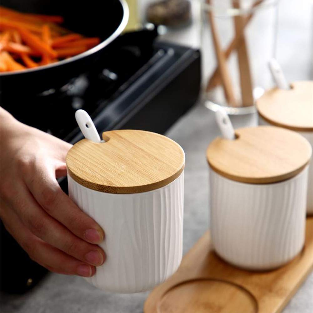 OnePine Set of 2 Ceramic Sugar Bowl 300ml Ceramic Spice Jar Condiment Pots with Bamboo Lid and Ceramic Spoon for Home and Kitchen, Height 3.93 inch,White and Gray