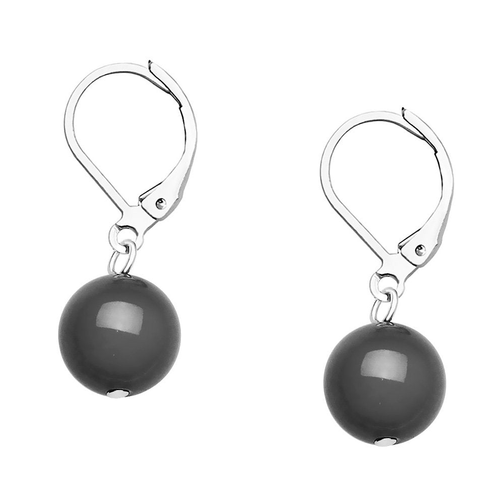 Falari 10mm Round Natural Stone Earring High Polished Rhodium Leverback Hematite