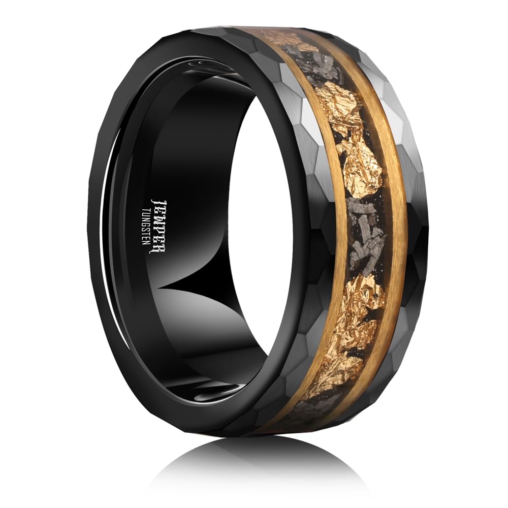 JEWPER 8mm Men Womens Wedding Band Tungsten Rings Gold Black Hammer pattern Fashion Promise Carbide Inlaid Gold Leaf Iron Filings Matte Finish Edge Comfort Fit size(7)