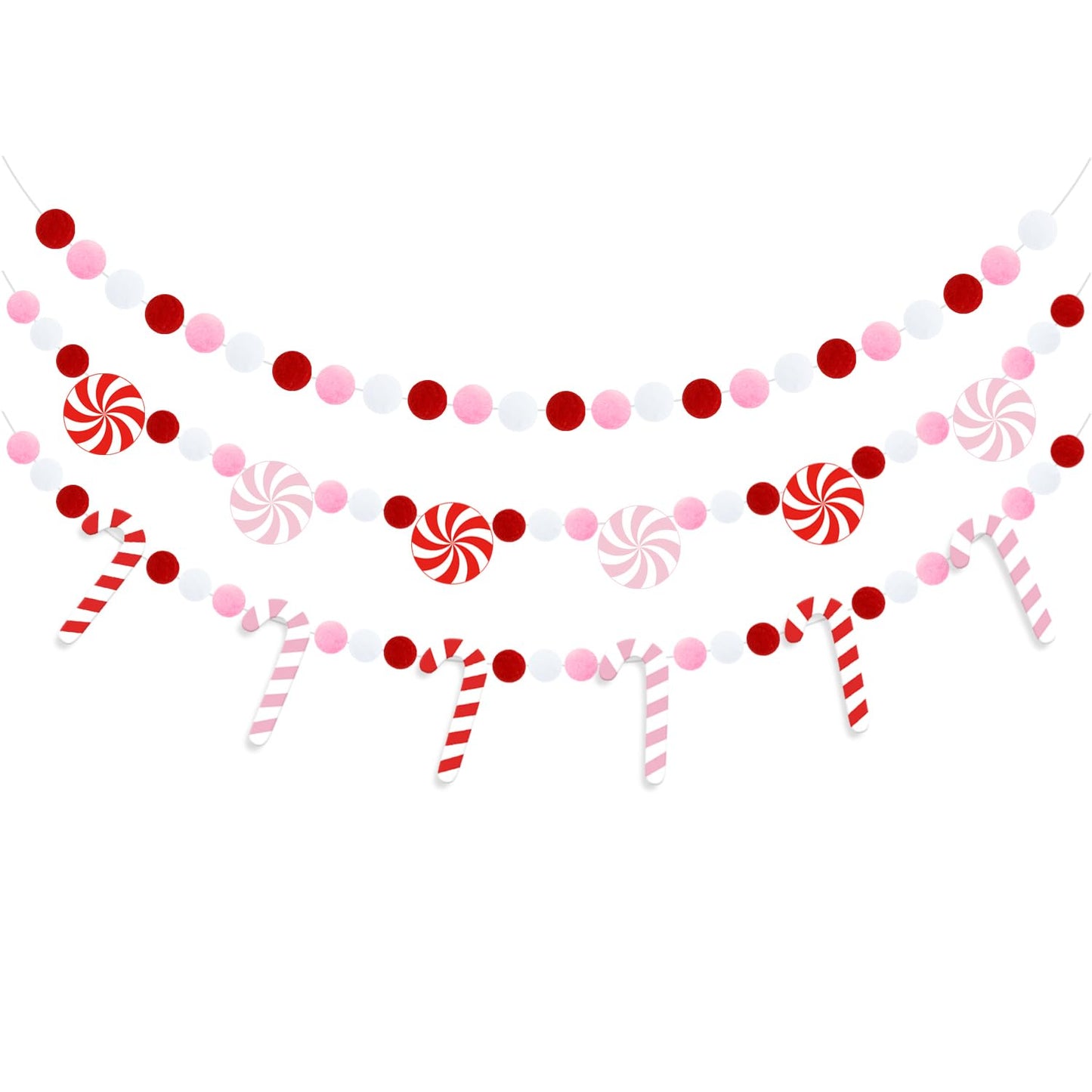 Doumeny 3Pcs Christmas Felt Ball Garland Candy Cane Felt Bunting Banner Candy Peppermint Pompom Bunting Garland Xmas Pink White Party Banner Winter Hanging Banner for Home Christmas Tree Wall Decor