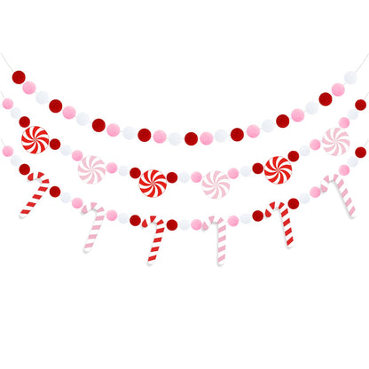 Doumeny 3Pcs Christmas Felt Ball Garland Candy Cane Felt Bunting Banner Candy Peppermint Pompom Bunting Garland Xmas Pink White Party Banner Winter Hanging Banner for Home Christmas Tree Wall Decor
