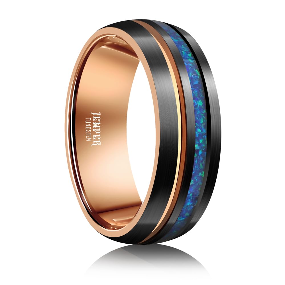 JEWPER 8mm Men Womens Wedding Band Tungsten Rings Black Blue rose gold Fashion Promise Carbide outer ring Inlaid Opal groove design Matte Finish Edge Comfort Fit Size(10)