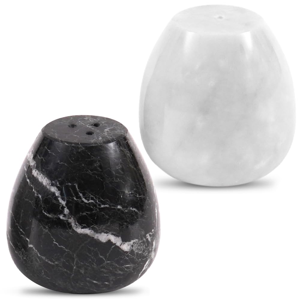 Earthen Crafts Marble Salt and Pepper Shakers Set of 2 Black & White 2.3" Inches Spice Containers, Cute Seasoning Shaker Jars for Dining Table, Kitchen Counter Shakers for Home, Restaurant