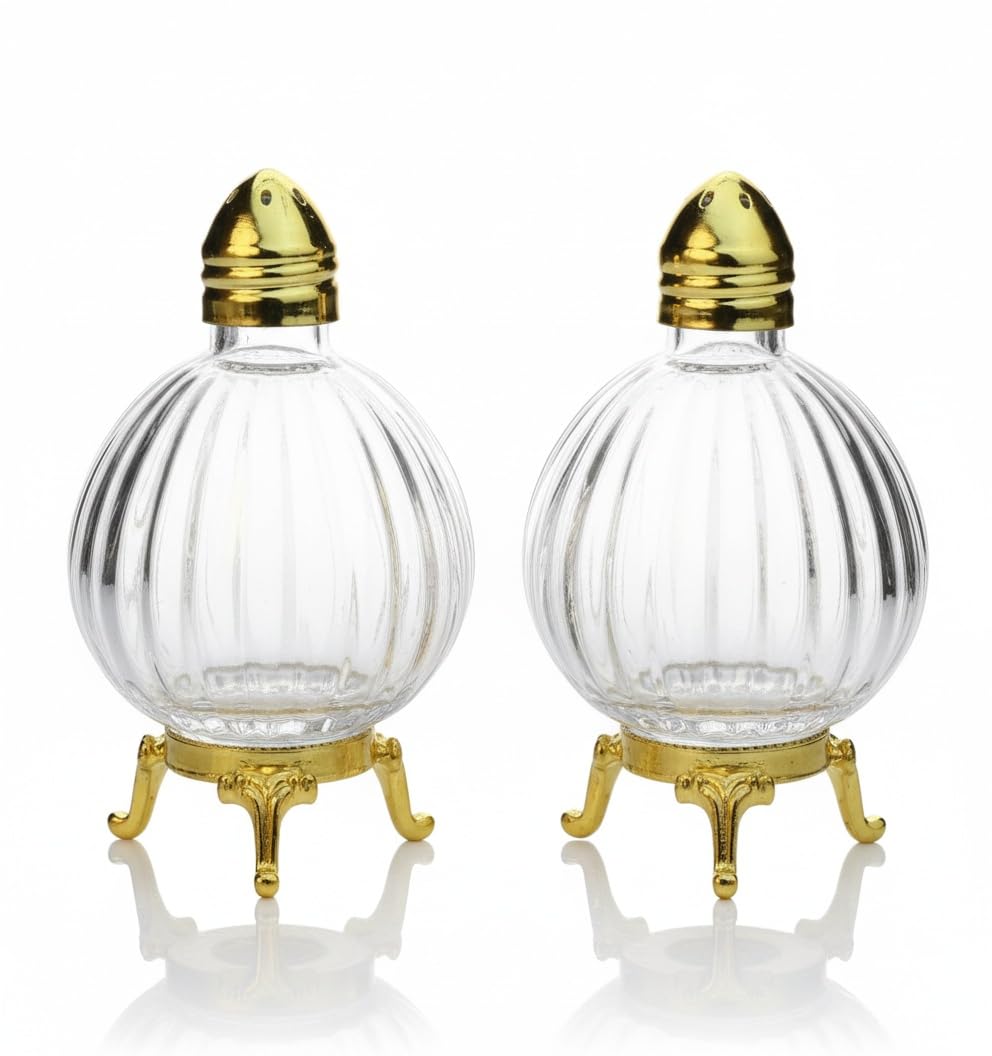 Decorative Glass Salt and Pepper Shakers, Globe Design, Gold-Silver Tone Metal Stand, Set of 2 (Gold)