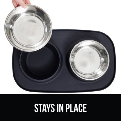 GORILLA GRIP Feeding Mat Set, 4 Cup, Patent Pending 100% Waterproof BPA Free Silicone, Stainless Steel Cat and Dog Bowls, Slip Resistant, High Edges Catch Water Food, US Designed Pet Accessories Black