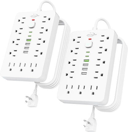 6 FT Flat Plug Surge Protector Power Strip,11 Multiple AC Outlets with 6 USB Ports (2 USB C), 6 Feet Extension Cord, 1250W/10A, One Touch Switch Button, 17 in 1 Compact powerstrip